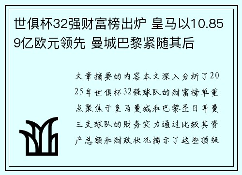 世俱杯32强财富榜出炉 皇马以10.859亿欧元领先 曼城巴黎紧随其后