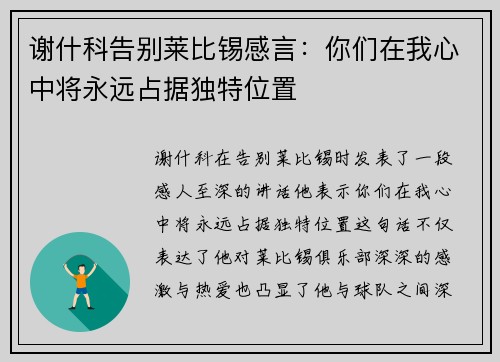 谢什科告别莱比锡感言：你们在我心中将永远占据独特位置
