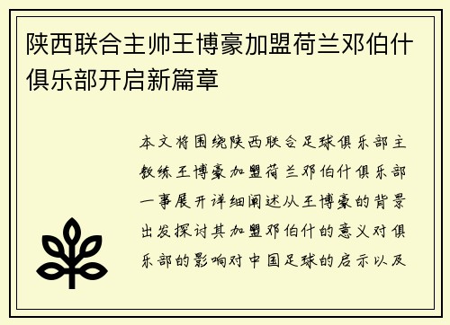 陕西联合主帅王博豪加盟荷兰邓伯什俱乐部开启新篇章