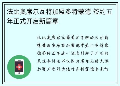 法比奥席尔瓦将加盟多特蒙德 签约五年正式开启新篇章