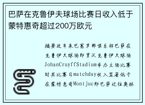 巴萨在克鲁伊夫球场比赛日收入低于蒙特惠奇超过200万欧元
